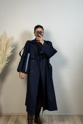 Vizon Collection Lacivert Premium Poliviskon Kumaş Oversize Trençkot