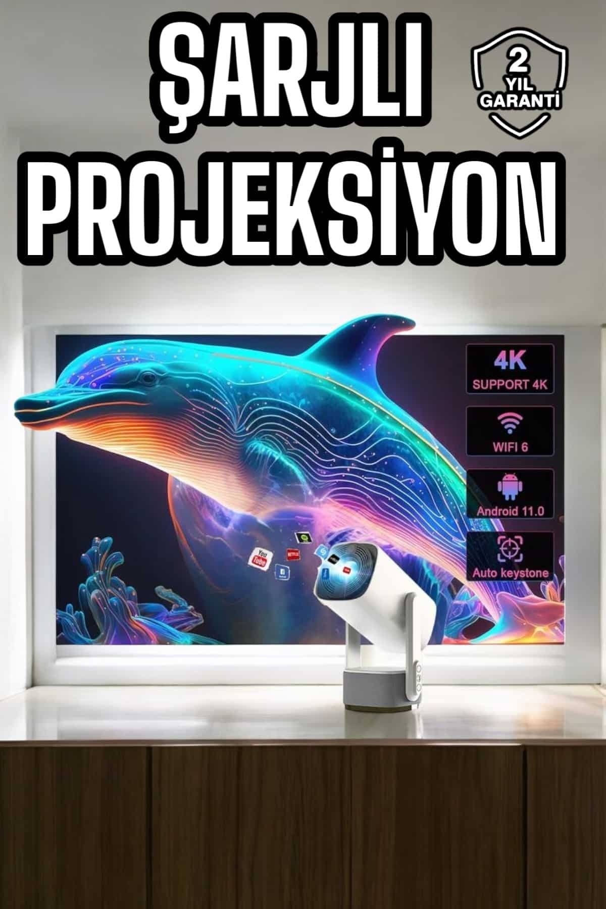 TeknoKesgin KESGİN MARKET ® Taşınabilir Sinema Oyun Projektörü Akıllı Projeksiyon Android 11