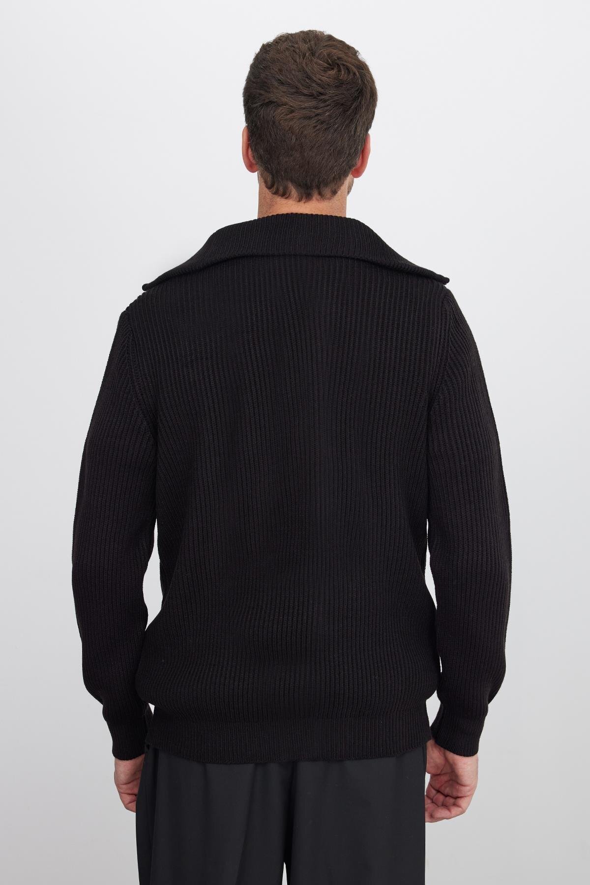 Tudors  Erkek Slim Fit Dik Yaka Fermuarlı Siyah Düz Hırka - Görsel 8