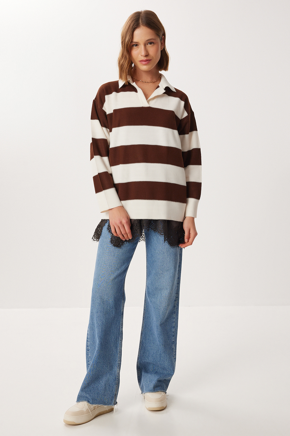 Lovelyİstanbul Oversize Çizgili Triko Kazak LMC0076 KAHVERENGİ KEMİK görsel 2