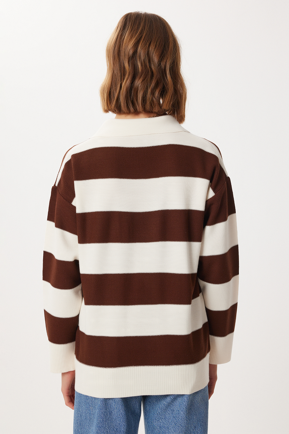 Lovelyİstanbul Oversize Çizgili Triko Kazak LMC0076 KAHVERENGİ KEMİK görsel 4