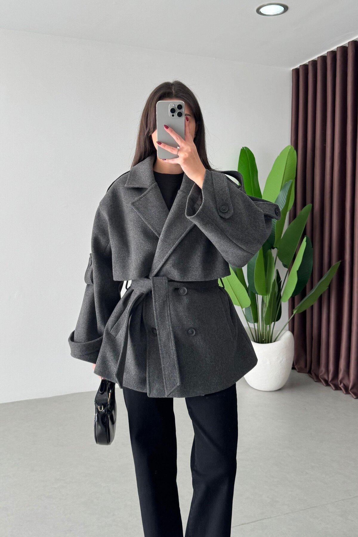 Nazline  Kadın Yeni Sezon Premium Kalite Trend Kuşaklı Kısa Kaşe Kaban - Görsel 3