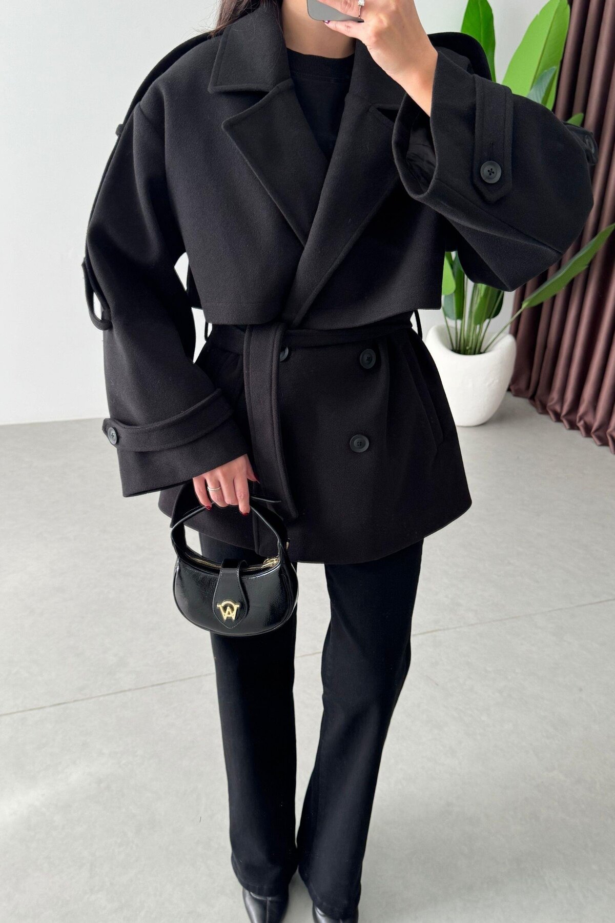 solena sln  Kadın Yeni Sezon Premium Kalite Trend Kuşaklı Kısa Kaşe Kaban - Görsel 4