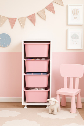 NETAKS 4 Derin Sepetli Çok Amaçlı Oyuncak Dolabı Mutfak Kiler Dolabı Pembe