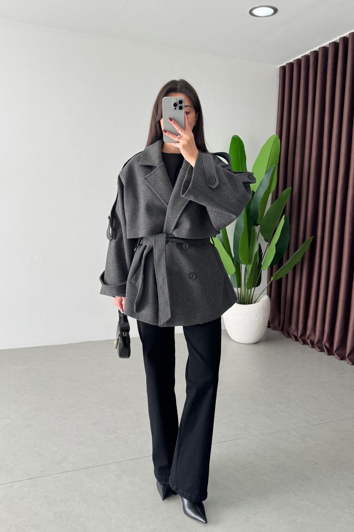 Nazline  Kadın Yeni Sezon Premium Kalite Trend Kuşaklı Kısa Kaşe Kaban - Görsel 5