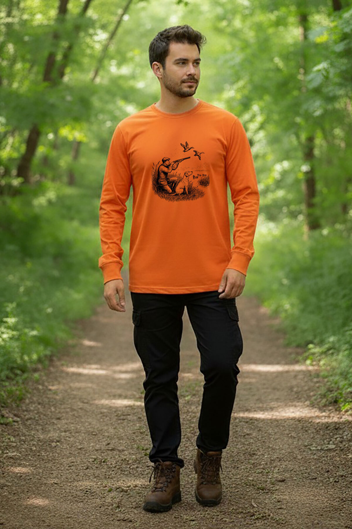 Avcılık Hunting Ördek Avı Baskılı Avcı ve Av Köpeği Turuncu Bisiklet Yaka Uzun Kollu T-Shirt