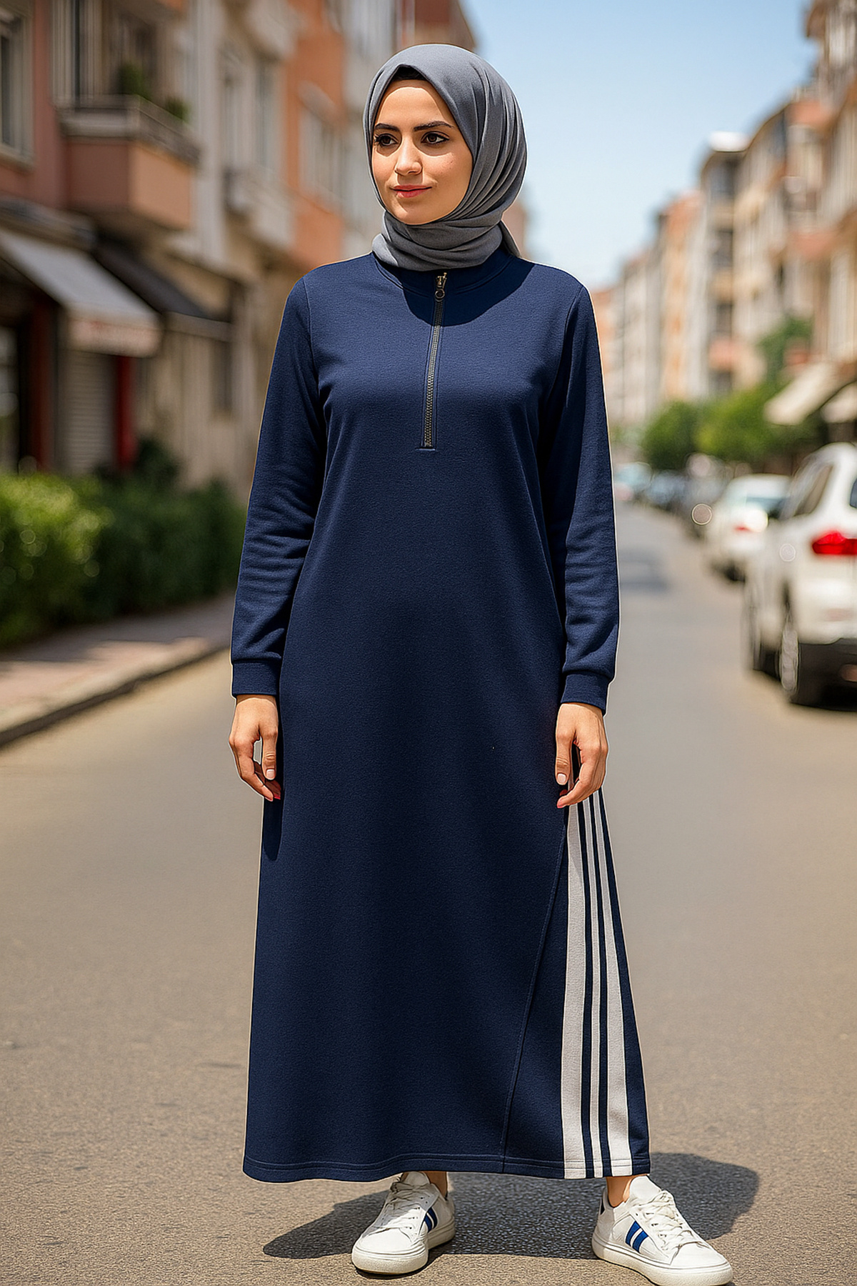 Şerit Detay Uzun Elbise 31472 Lacivert