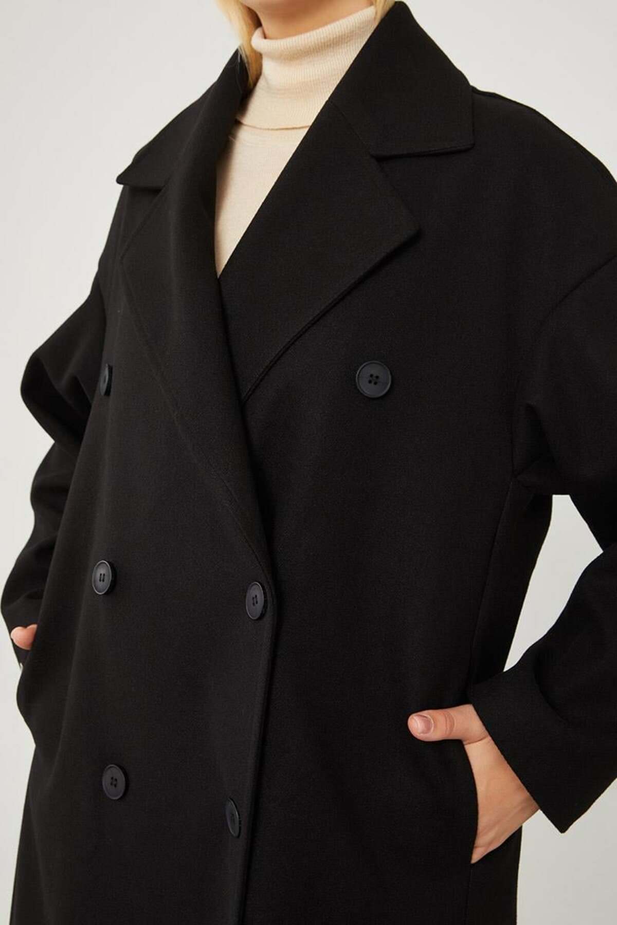 Levidor Siyah Oversize Astarsız Kaşe Kaban görsel 3