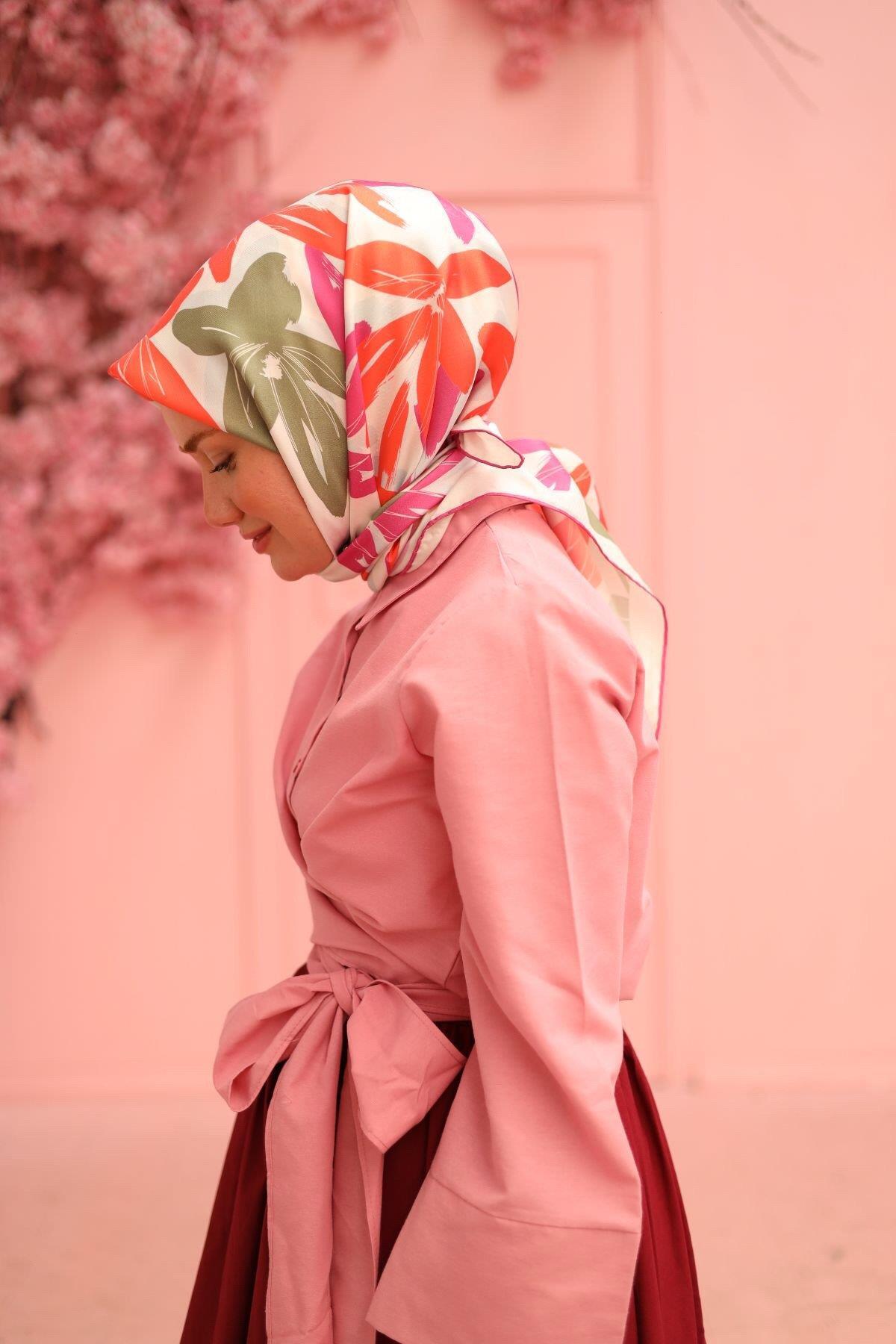 Twill Silk Scarf11439-16 Pink Mixed Pattern