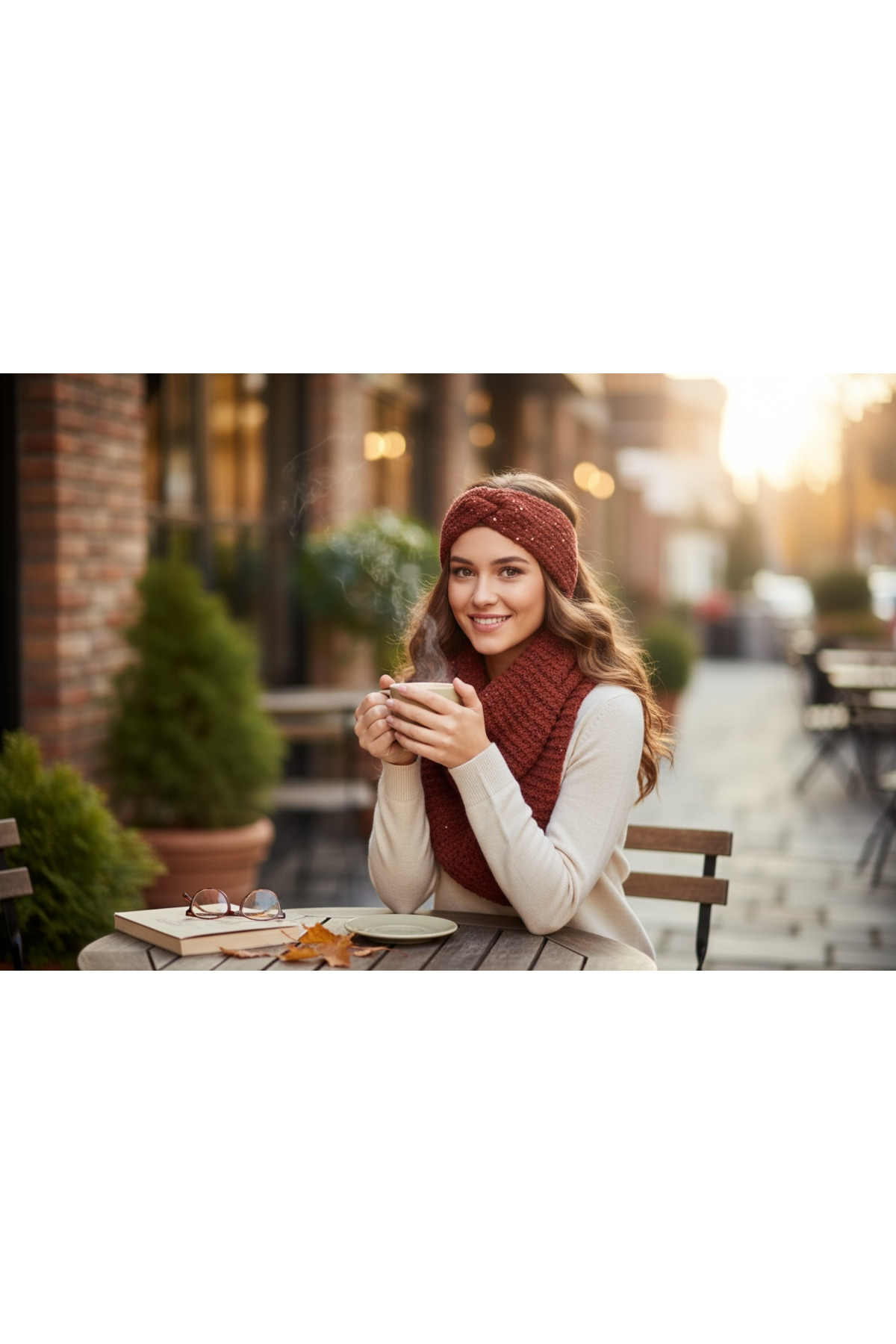 Haneliya El Örgüsü Kadın Atkı ve Saç Bandı Kış Seti – Kiremit (Nako Kızıl Kahve Tonu)