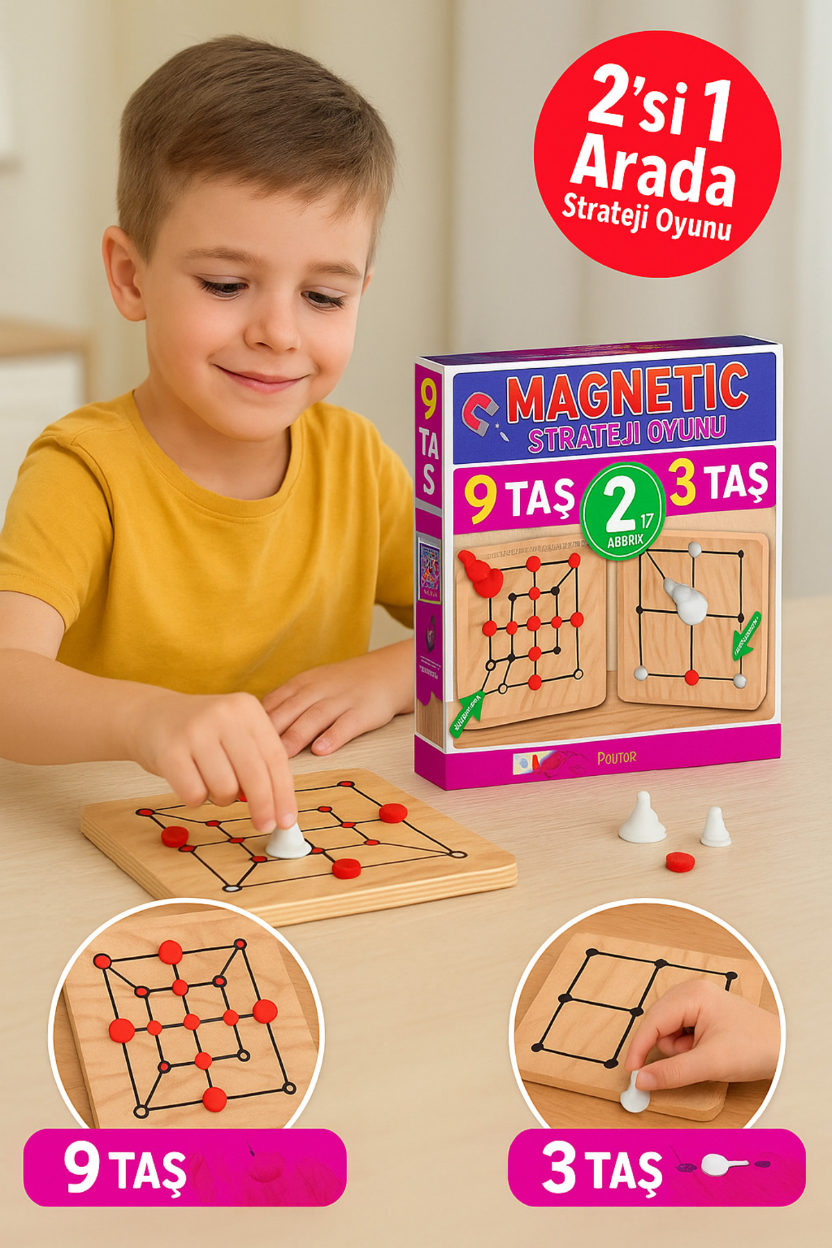 TOYFEST Manyetik 9 Taş + 3 Taş Strateji Oyunu | Zeka Geliştirici