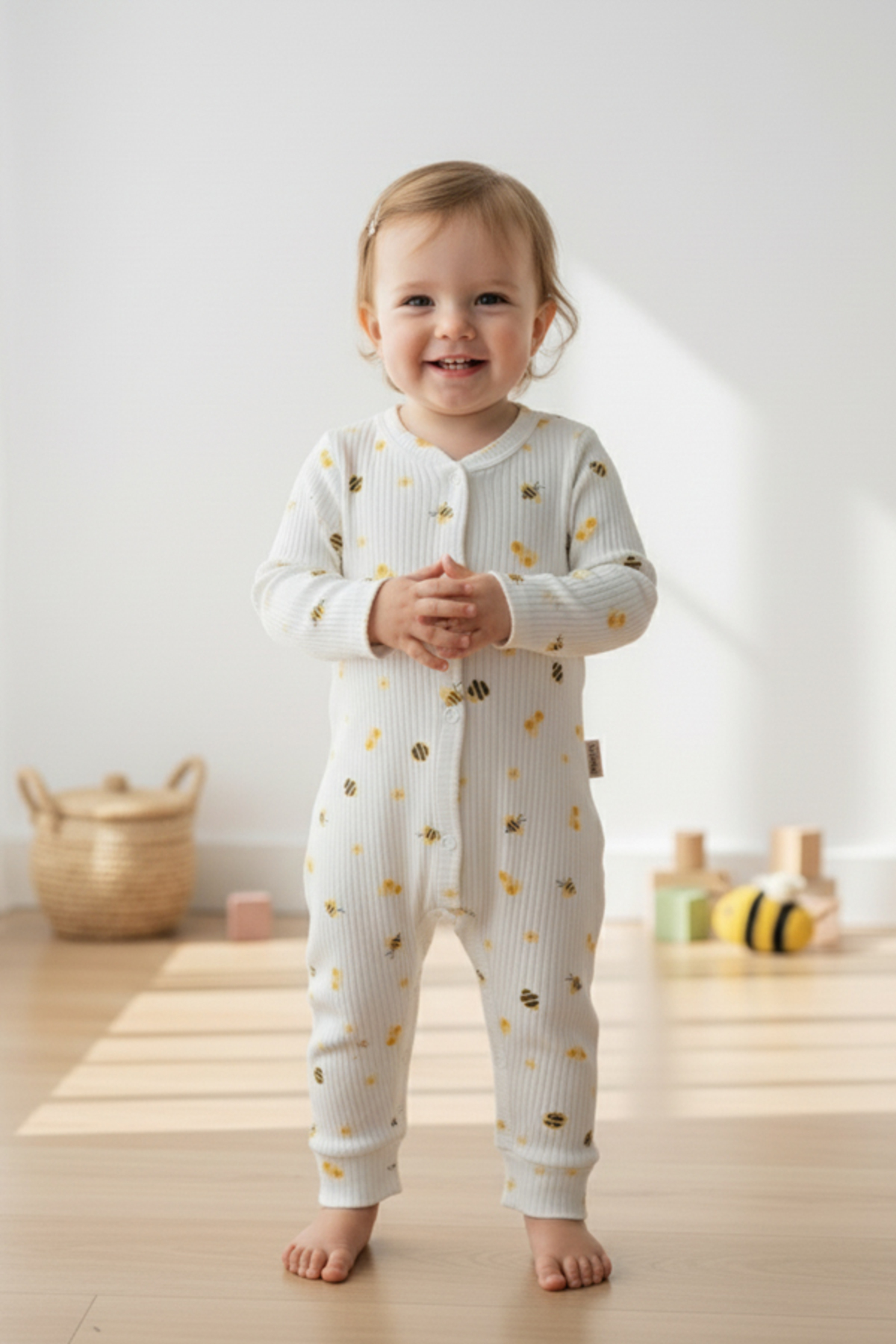 pelossi Unisex Bal Arısı Desenli Ribanalı Bebek Tulumu/Zıbın - Yeni Doğan ve 0-9 Ay Uyumlu fotoğrafı 3 (önizleme)