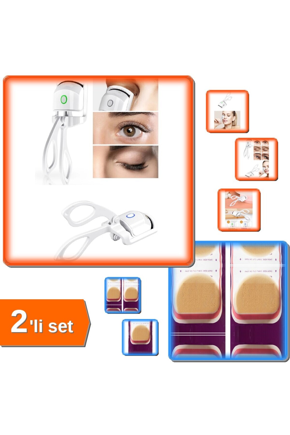HerEveOyuncak 2 Sıcaklık Modlu USB Silikon Uçlu Kirpik Kıvırıcı + 2 Adet Yuvarlak Mucize Makyaj Süngeri - 2li Set