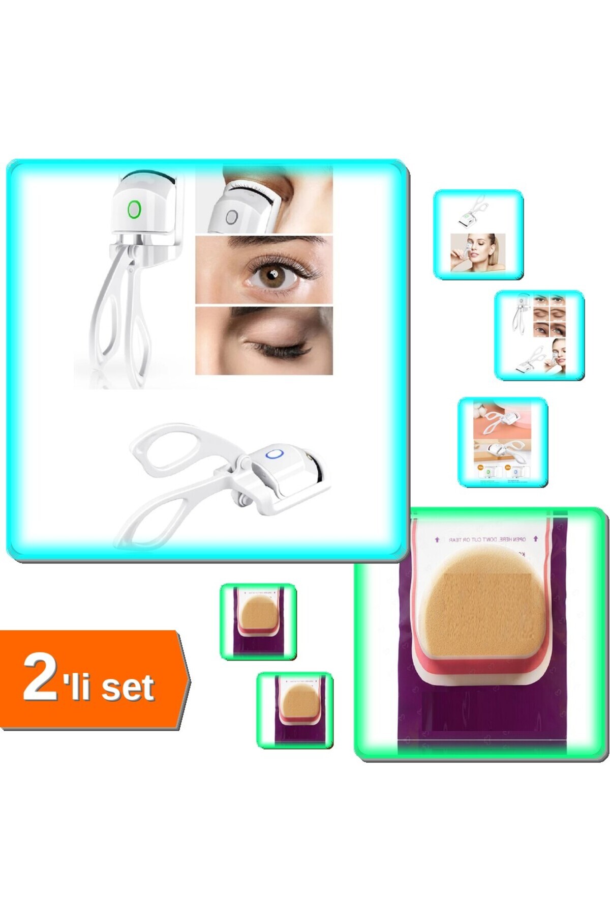 HerEveOyuncak 2 Sıcaklık Modlu USB Şarjlı Isıtmalı Kirpik Kıvırıcı + Yuvarlak Makyaj Süngeri 2li Set L9XKQJ