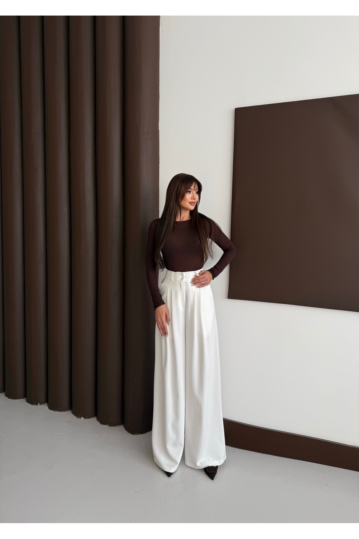 Nadrina  Bol Paça Çift Pileli Palazzo Pantolon - Görsel 6