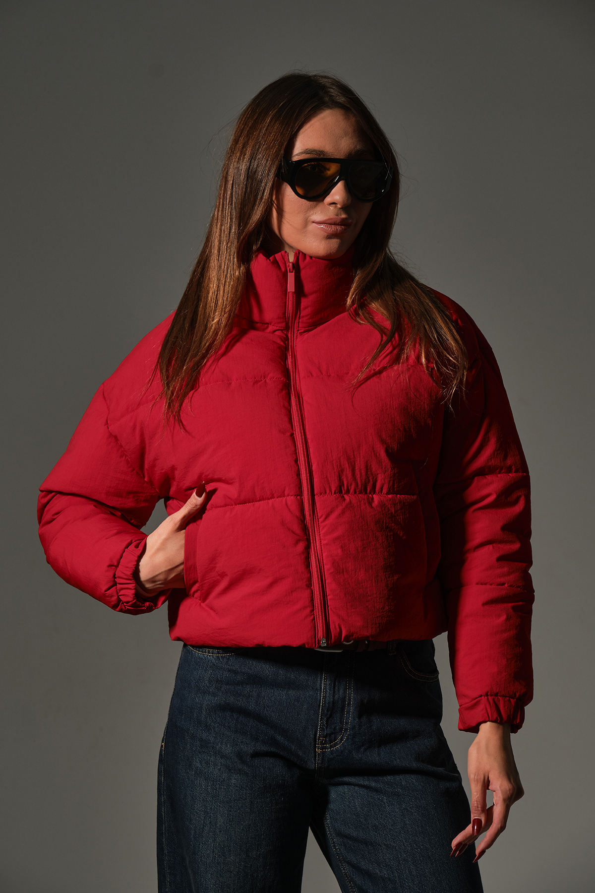 Maule Su itici kumaş, fermuarlı elyaf dolgu şişme crop kısa kadın mont @Aspen görsel 6