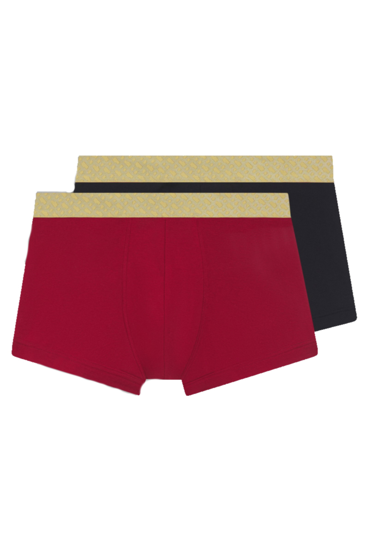 باس شورت بوکس مردانه طرح‌دار طلایی با کمر کشی و نوار چسبان، بسته دوتایی مشکی-قرمز، کد ۵۰۵۴۶۷۵۸-۶۴۰