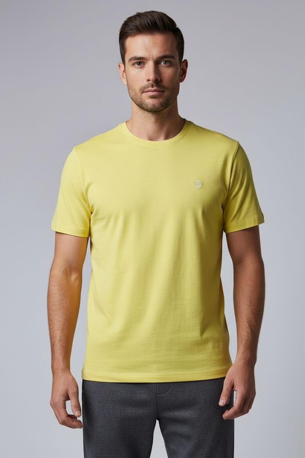 Sabri Özel BİSİKLET YAKA NAKIŞLI ERKEK T-SHIRT Sarı