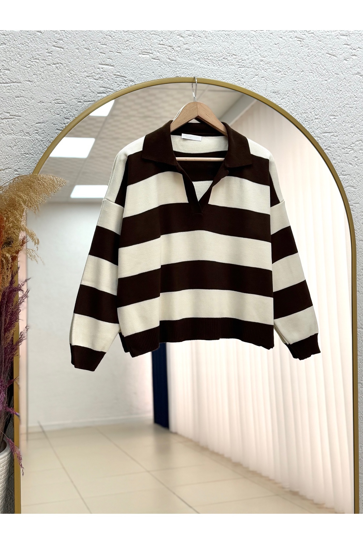 Ajla Kalın Çizgili Yaka Detay Triko Kazak-Zİ5258 Kahve