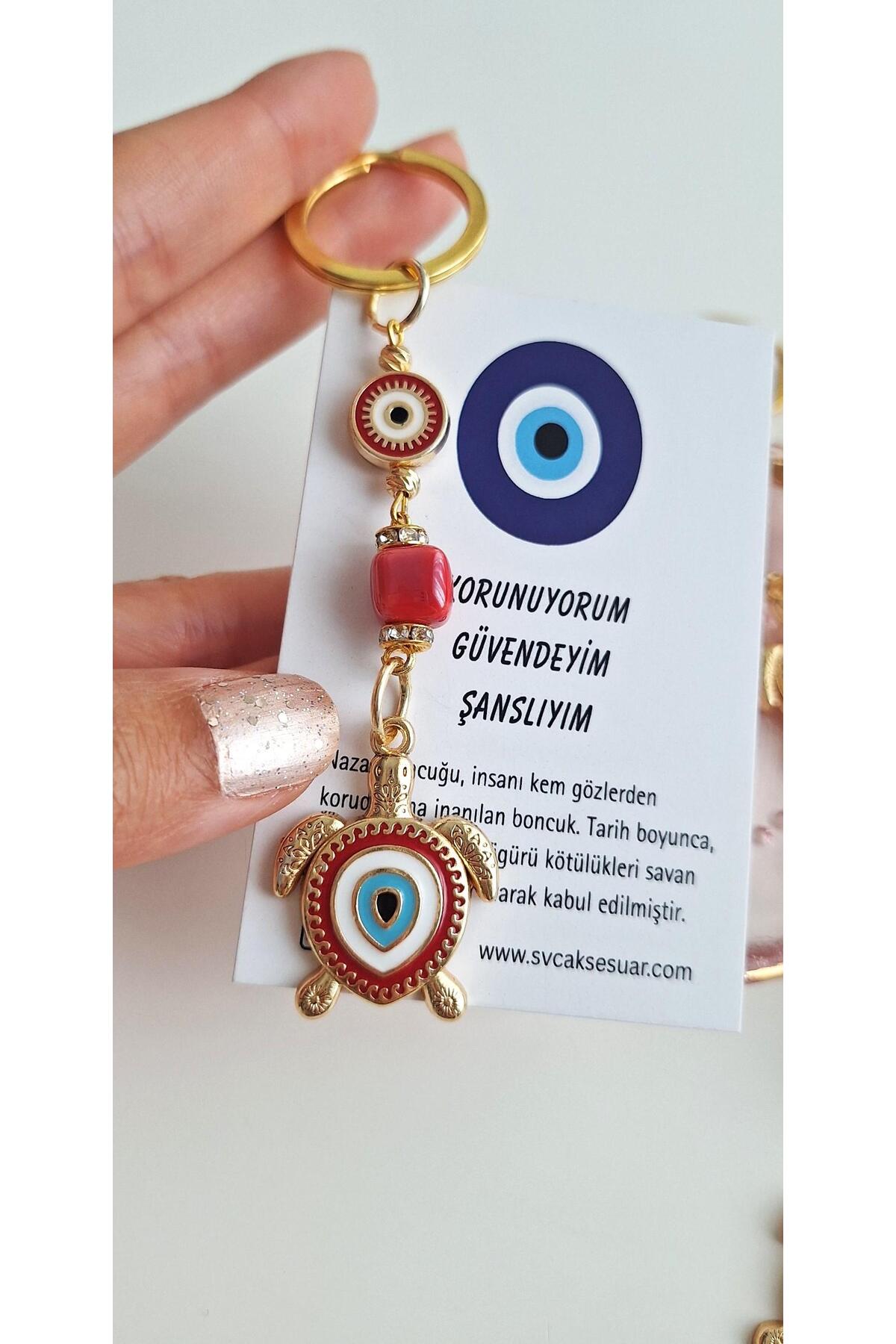 Gift Evil Eye Beaded Luck Turtle Keychain - Red - 10.5cm