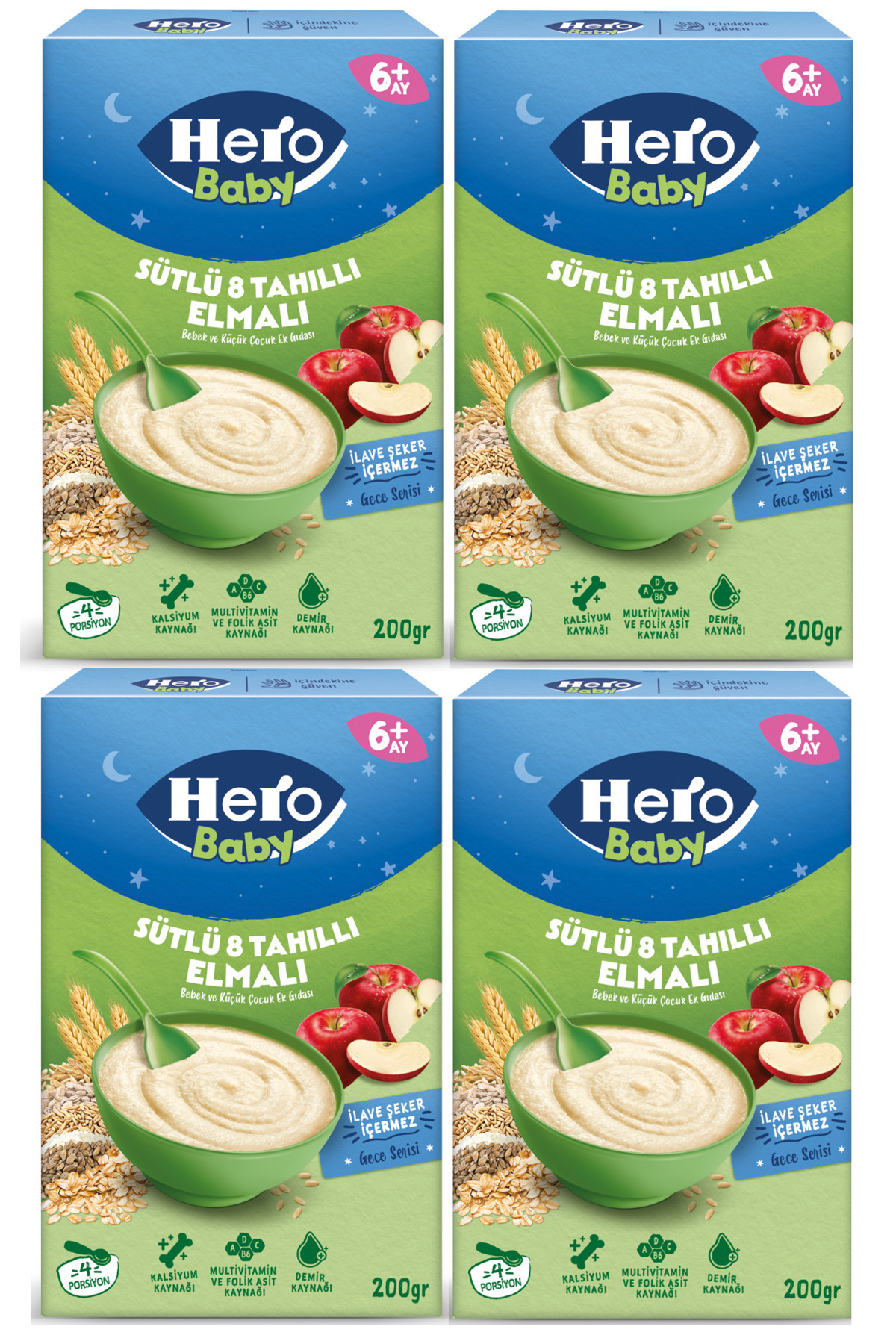 Hero Baby Sütlü Elmalı 8 Tahıllı Kaşık Maması 200 gr 4`lü Paket
