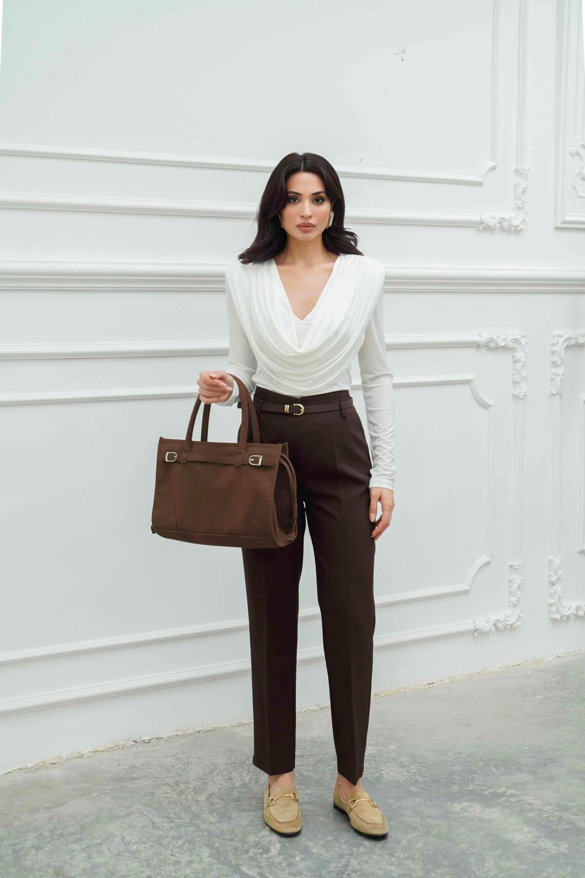 Serica Moda  Kahve Yüksek Bel Kemerli Havuç Pantolon - Görsel 3