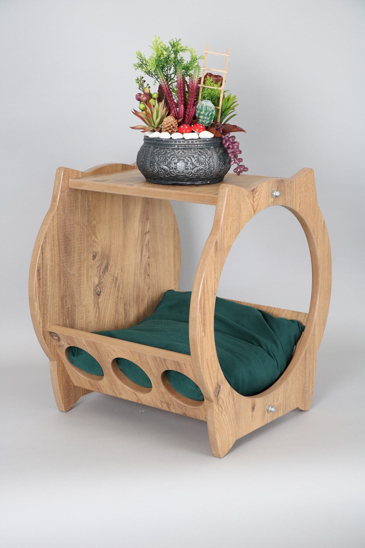 ahşen decor Minderli Ahşap Dekoratif Kedi Yatağı Ve Sehpa