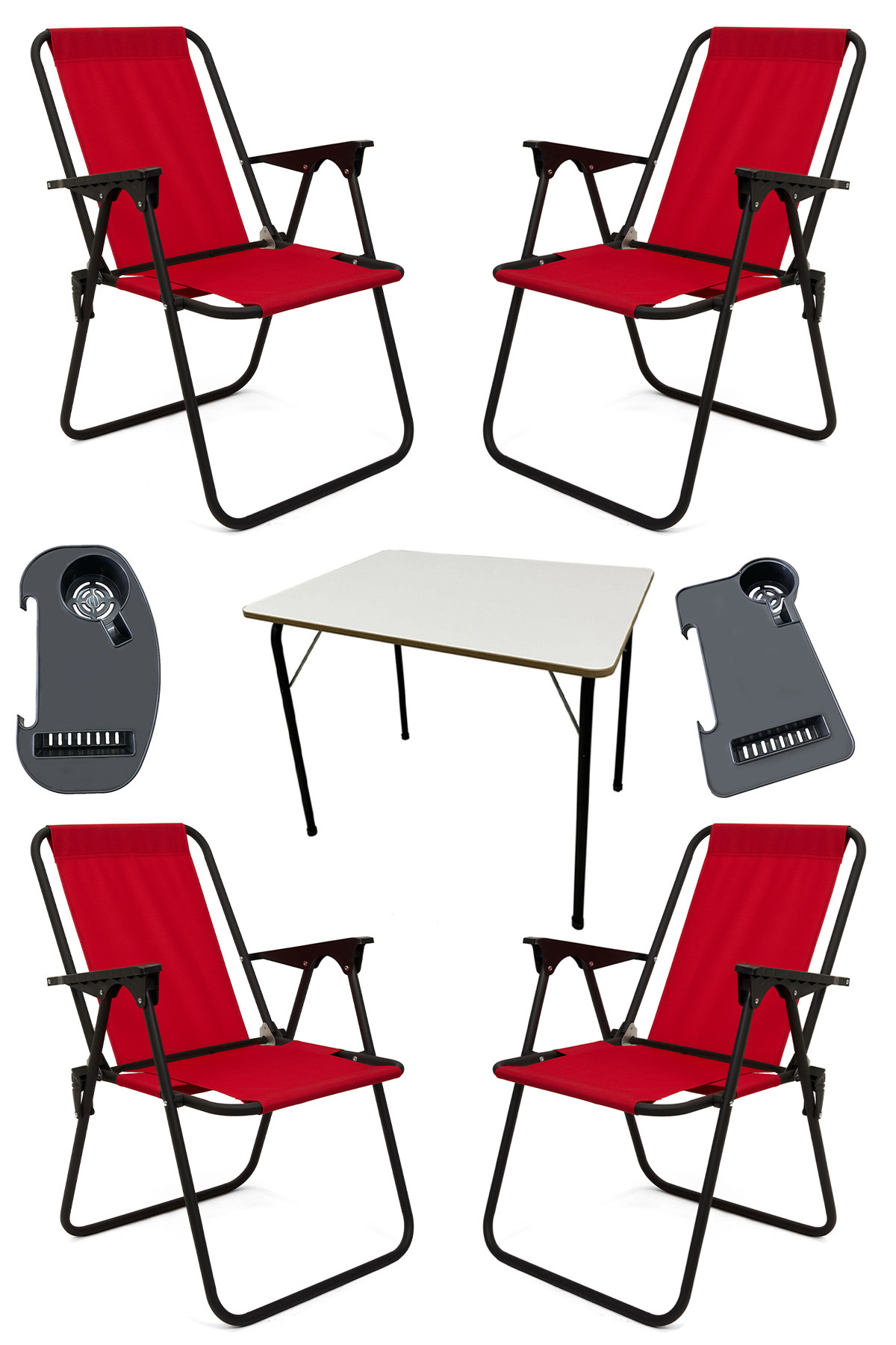 Litea 4pcs Camping Chairs Folding Picnic Chair and Cup Holder Red + Folding Mdf Table