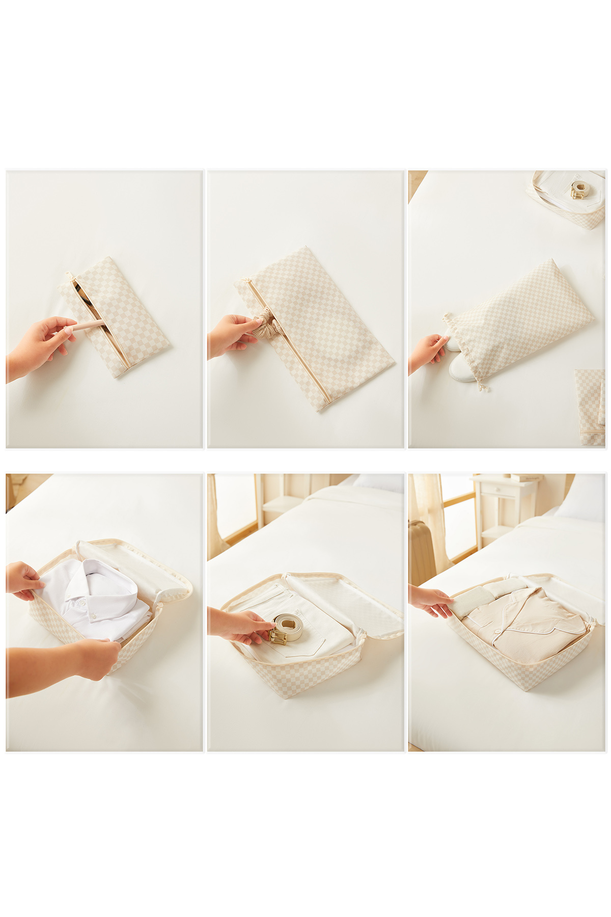 Ocean Home Textile 6'lı Bej Dama Desen Pamuklu Bebek Doğum Hastane Çıkışı Çanta Düzenleyici Çok Amaçlı Organizer fotoğrafı 5 (önizleme)