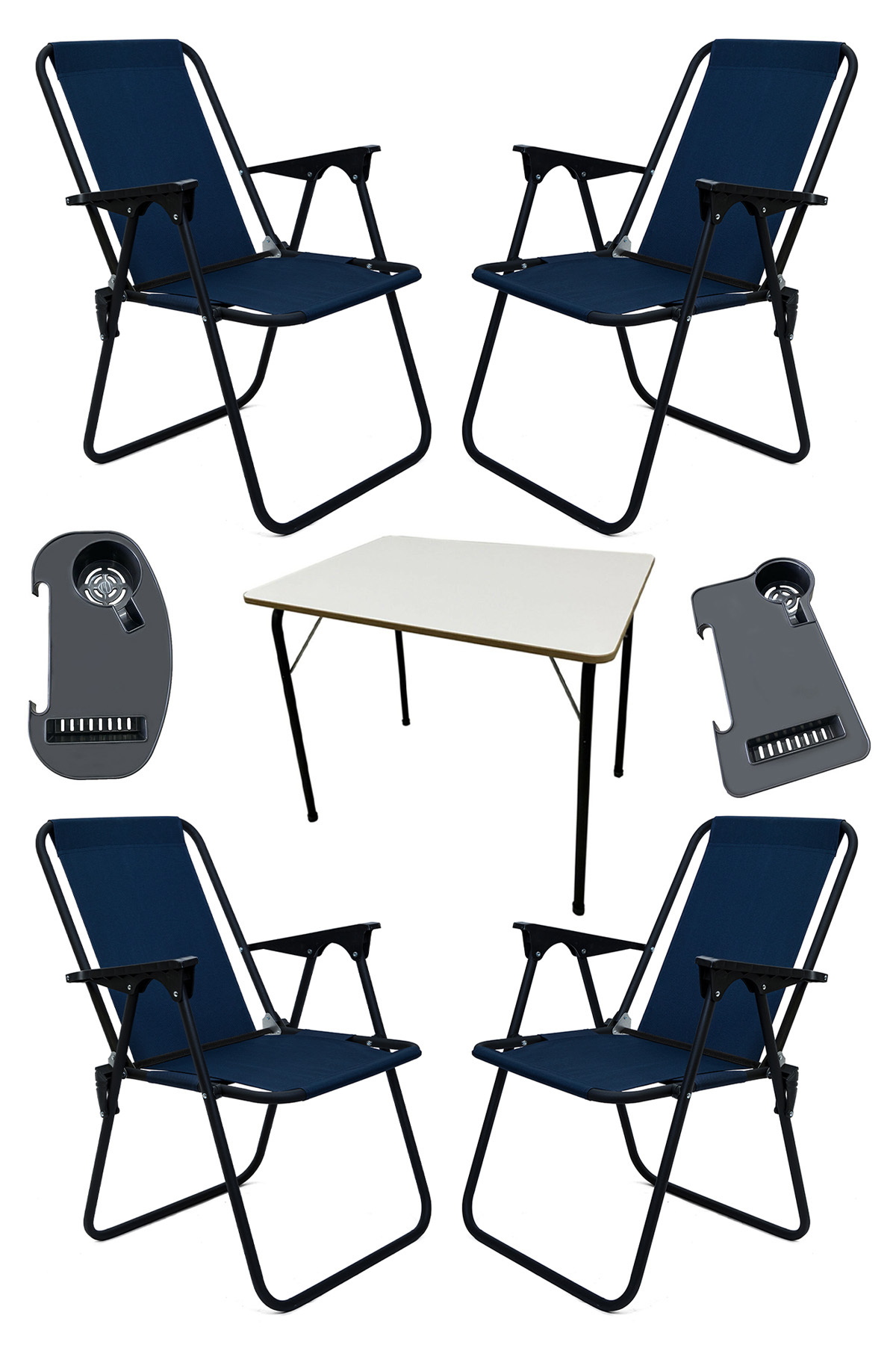 Litea 4pcs Camping Chairs Folding Picnic Chair and Cup Holder Navy Blue + Folding Mdf Table