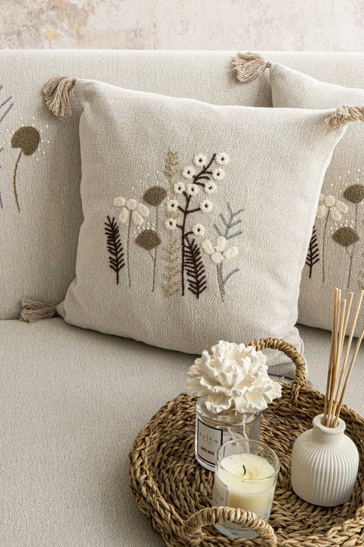 Peony Beige Embroidered Tassel Bohemian 2-Piece Pillowcase 45x45cm