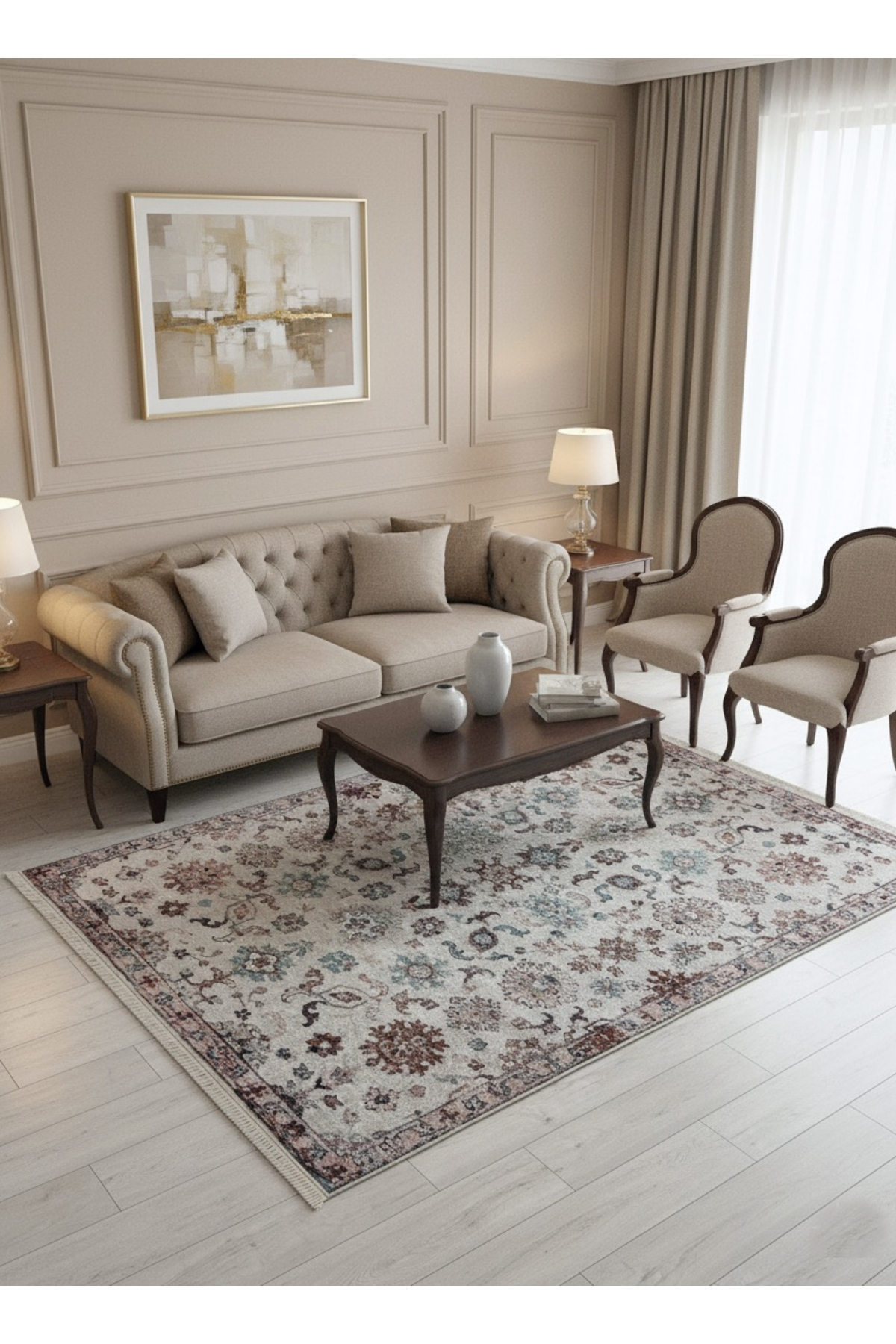 BEIGE Color Classic Non-Slip Floor Rug with traditional motifs and FRINGES