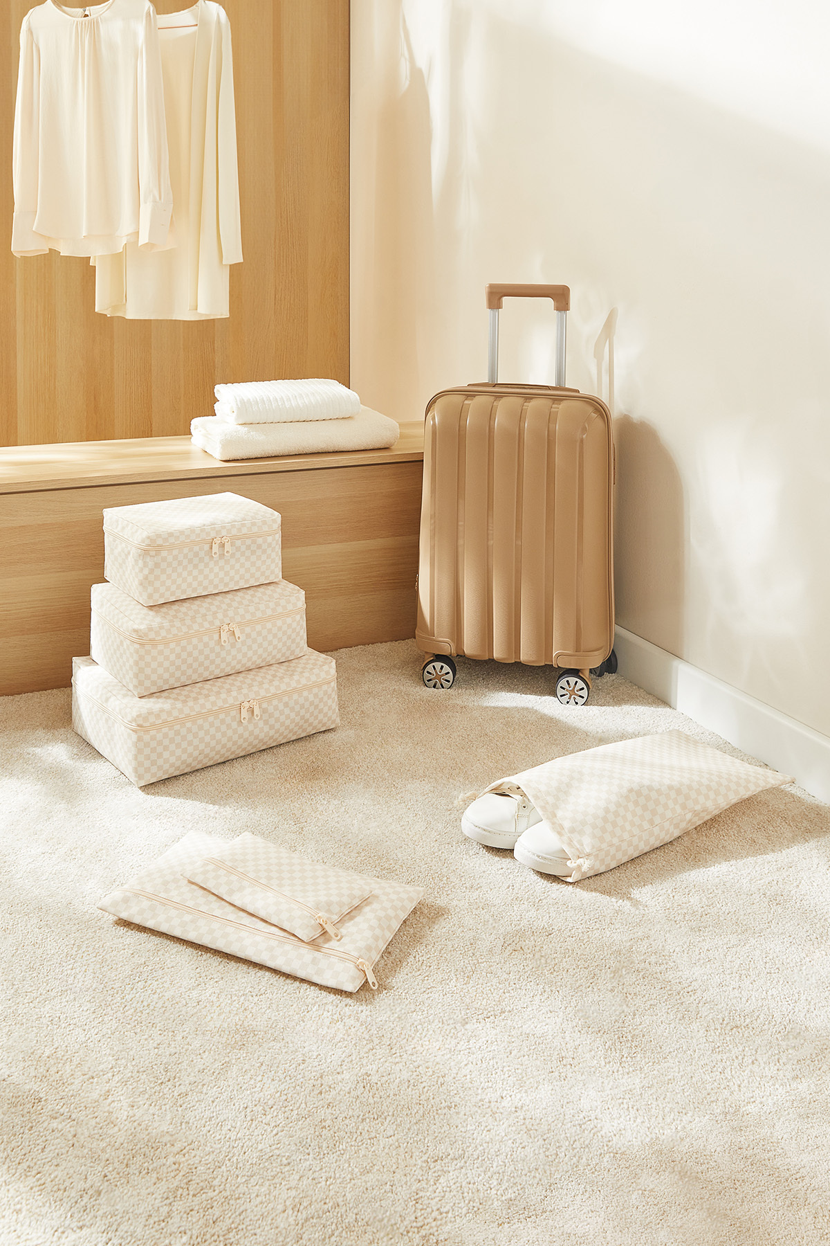 Ocean Home Textile 6'lı Bej Dama Desen Pamuklu Bebek Doğum Hastane Çıkışı Çanta Düzenleyici Çok Amaçlı Organizer fotoğrafı 2 (önizleme)