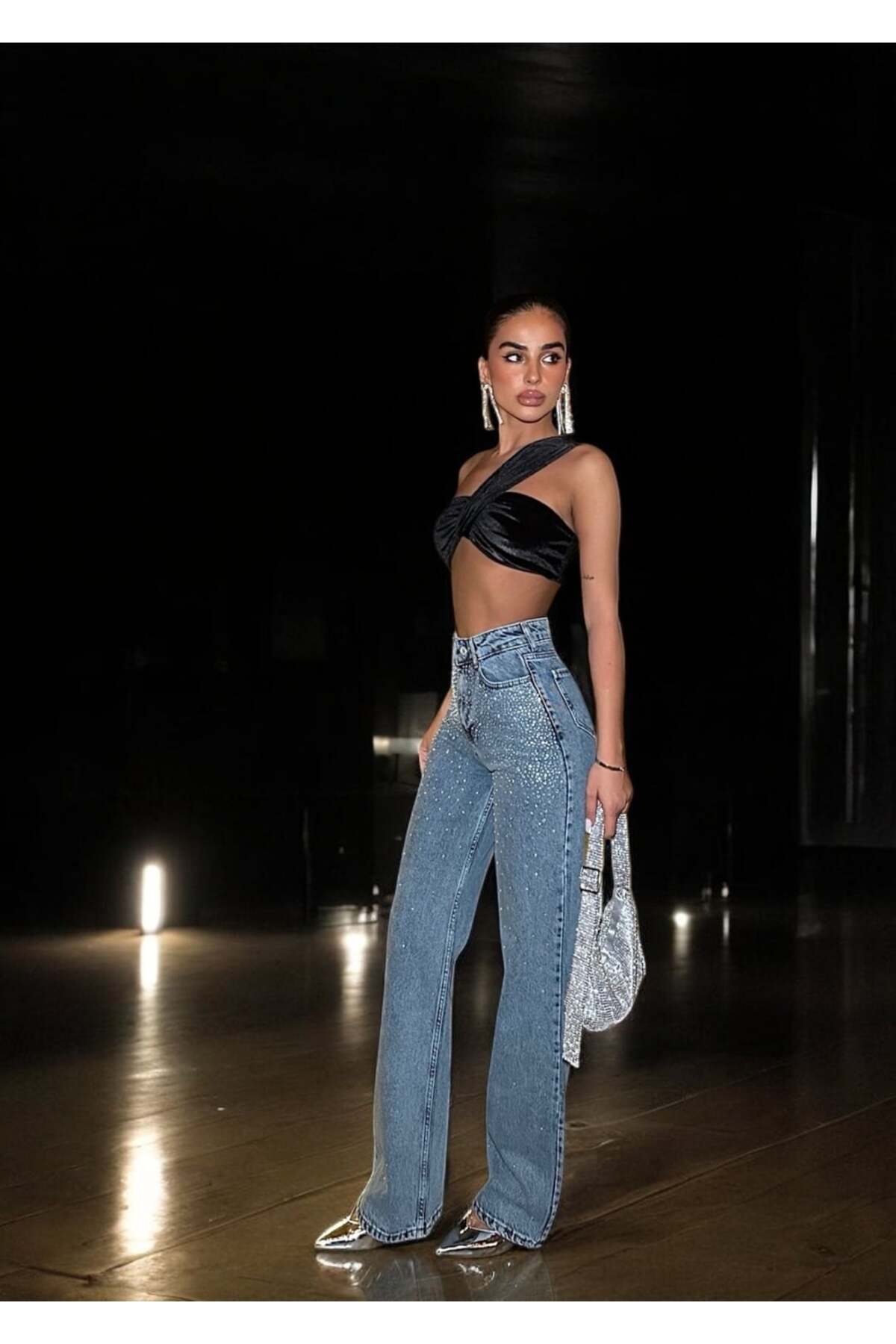 GLAMMOSS L'Atelier  Parlak Taş Aura Desen Palazzo Jean Pantolon GLM-618 - Görsel 4