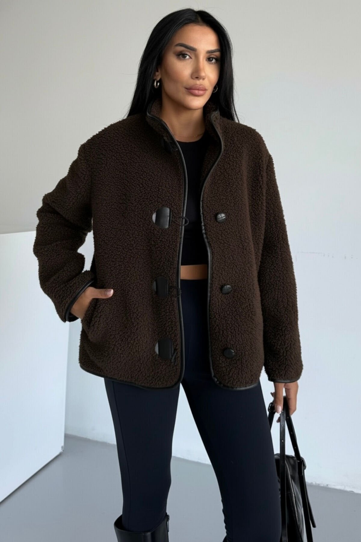 hiramir Peluş Deri Biyeli Çoban Düğmeli Mont KS2504