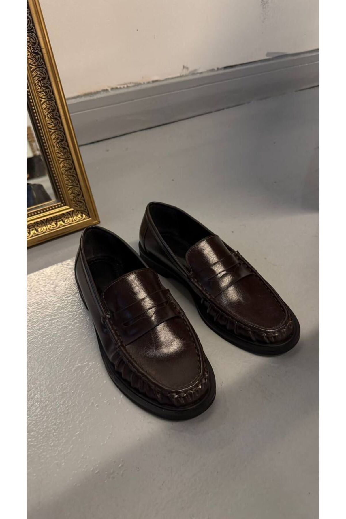 Kadın Büzgülü Acıkahve Cilt Loafer Günlük ayakkabı Makosen