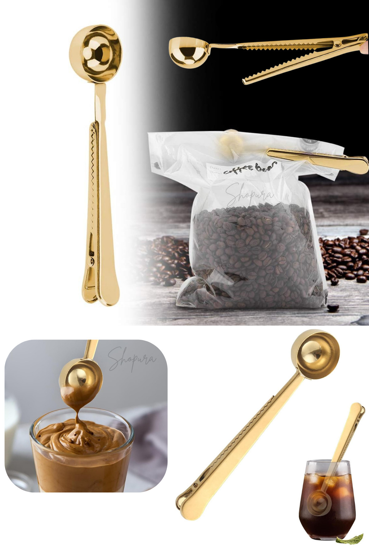 Shopura 1 Adet Mandallı Kahve Ölçü Kaşığı Gold Çok Fonksiyonlu Paslanmaz Çelik Kaşık
