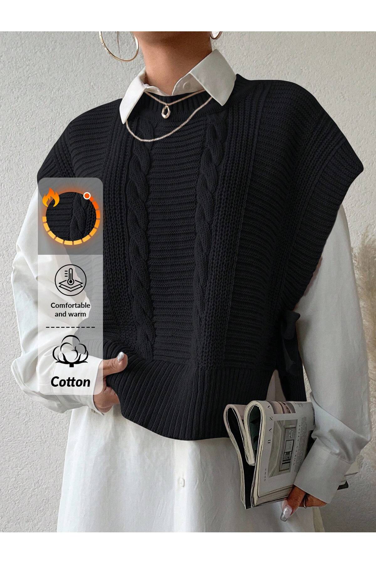 Women's Black Adjustable Pattern Side Tied Knitwear Sweater, Knitwear Sweater Fmoda505