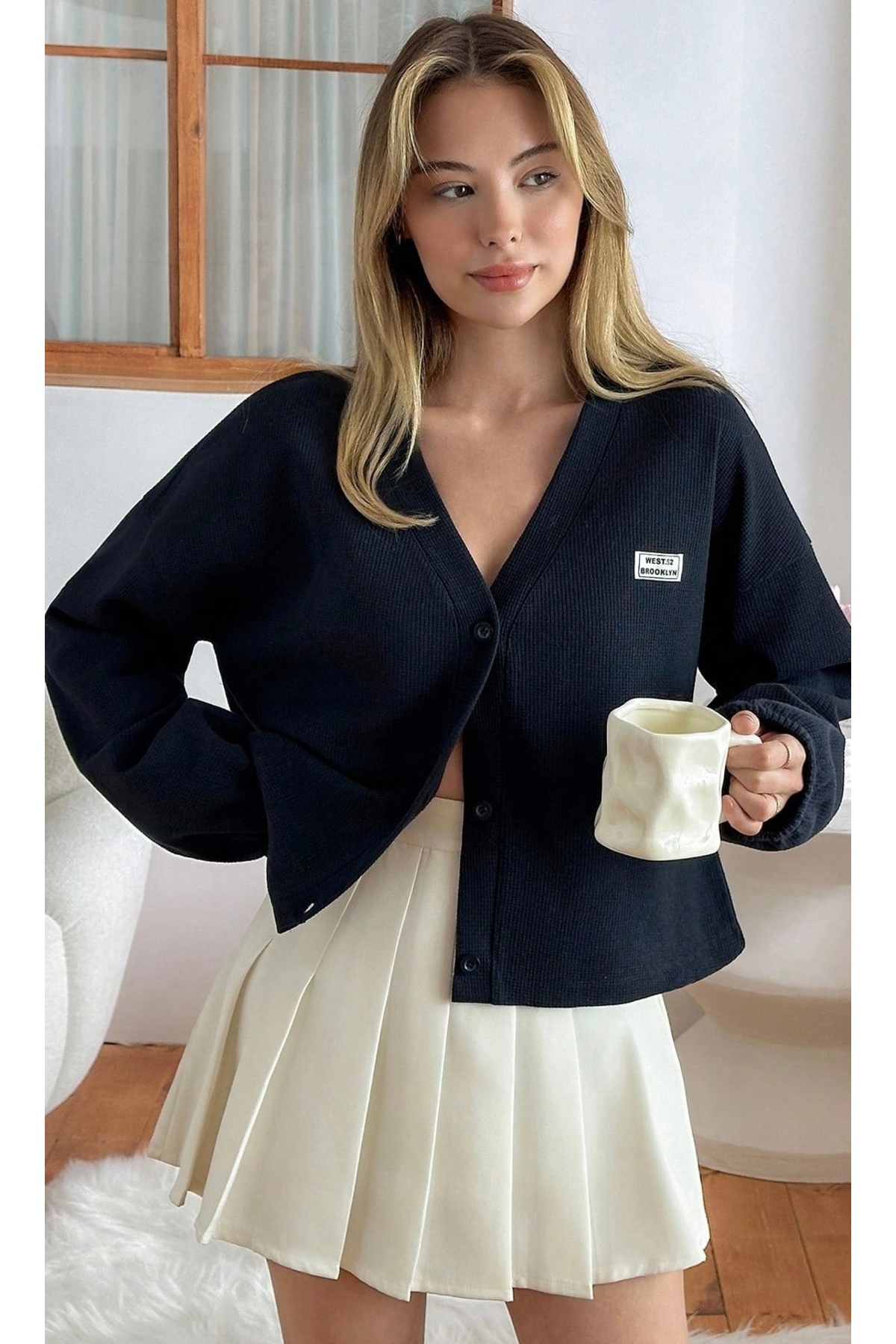 Mood Lab  Lacivert Waffle Dokulu Slogan Peç Detaylı Düğmeli Uzun Kol Hırka - Görsel 3