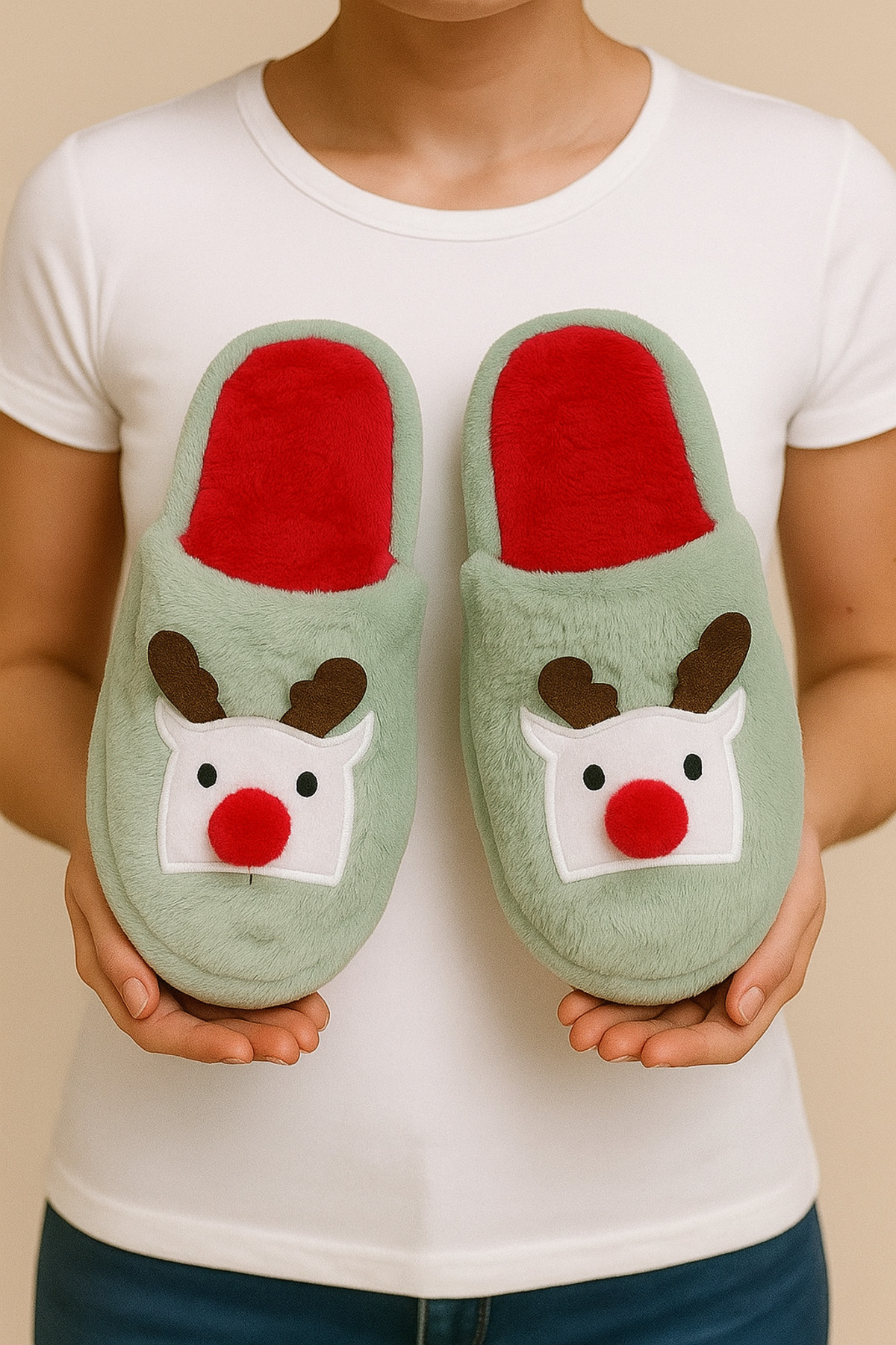 STOCON Figürlü Pofuduk Ev Terliği Yılbaşı Özel Tasarım Ev Terliği Kaydırmaz Taban NOEL103