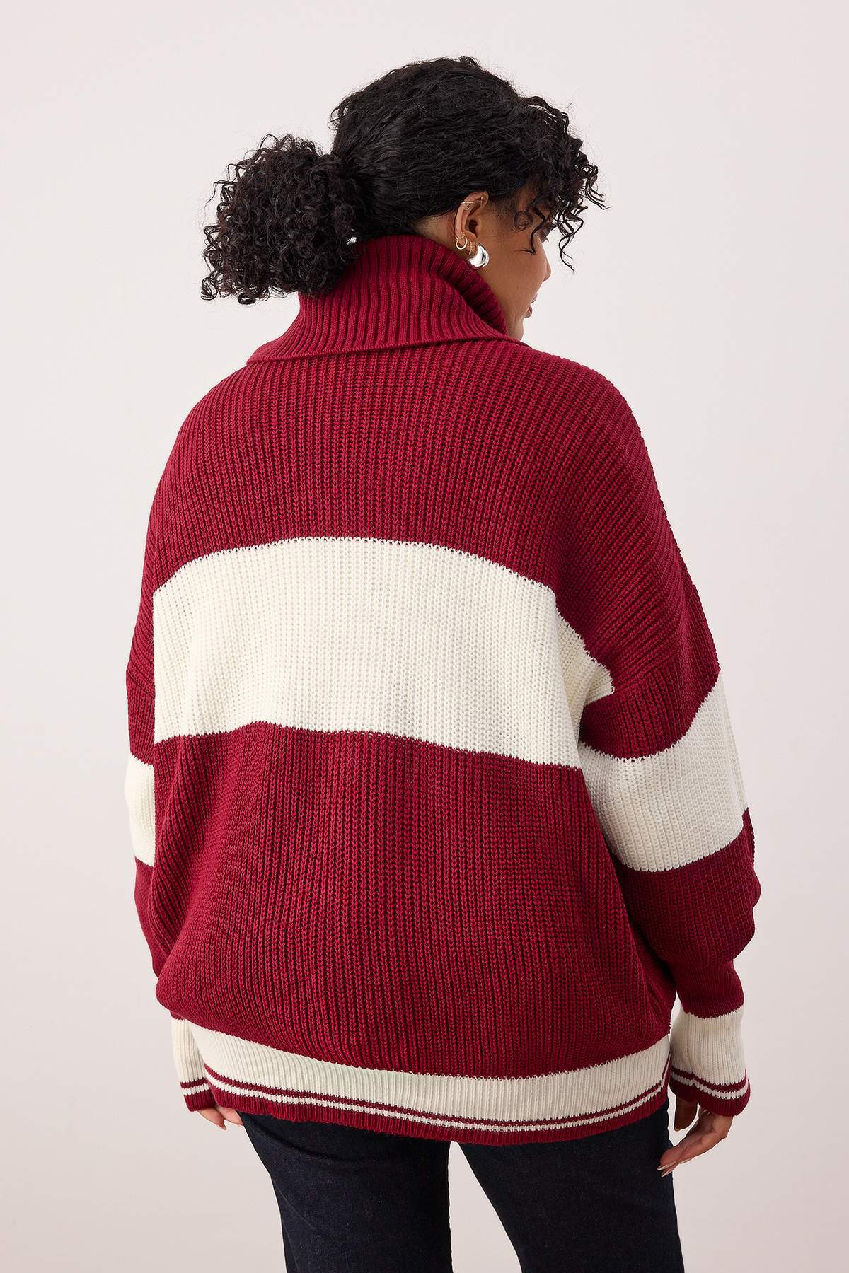 Trendyolmilla  Bordo Çizgili Devrik Yaka Fermuarlı Triko Hırka TBBAW25AV00009 - Görsel 4