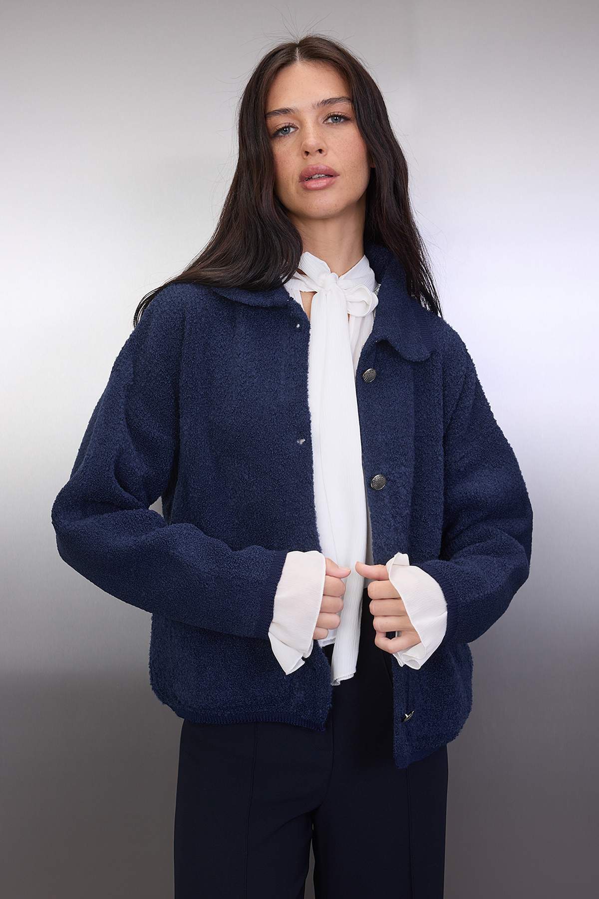 Trendyolmilla  Lacivert Geniş Kalıp Polo Yaka Buklet Triko Hırka TWOAW24HI00177