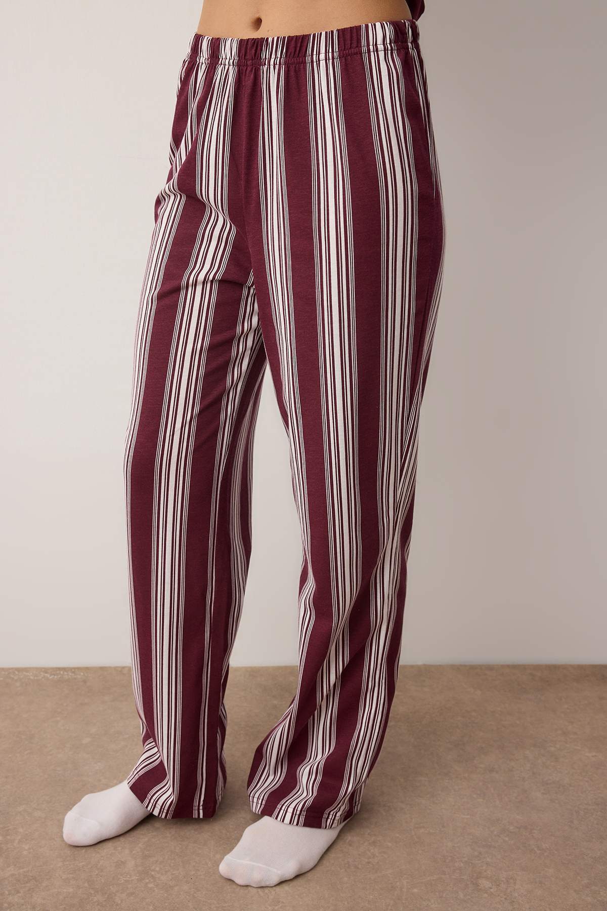 Trendyolmilla  Bordo Pamuklu Çizgili Örme Pijama Takımı THMAW25PT00188 - Görsel 3