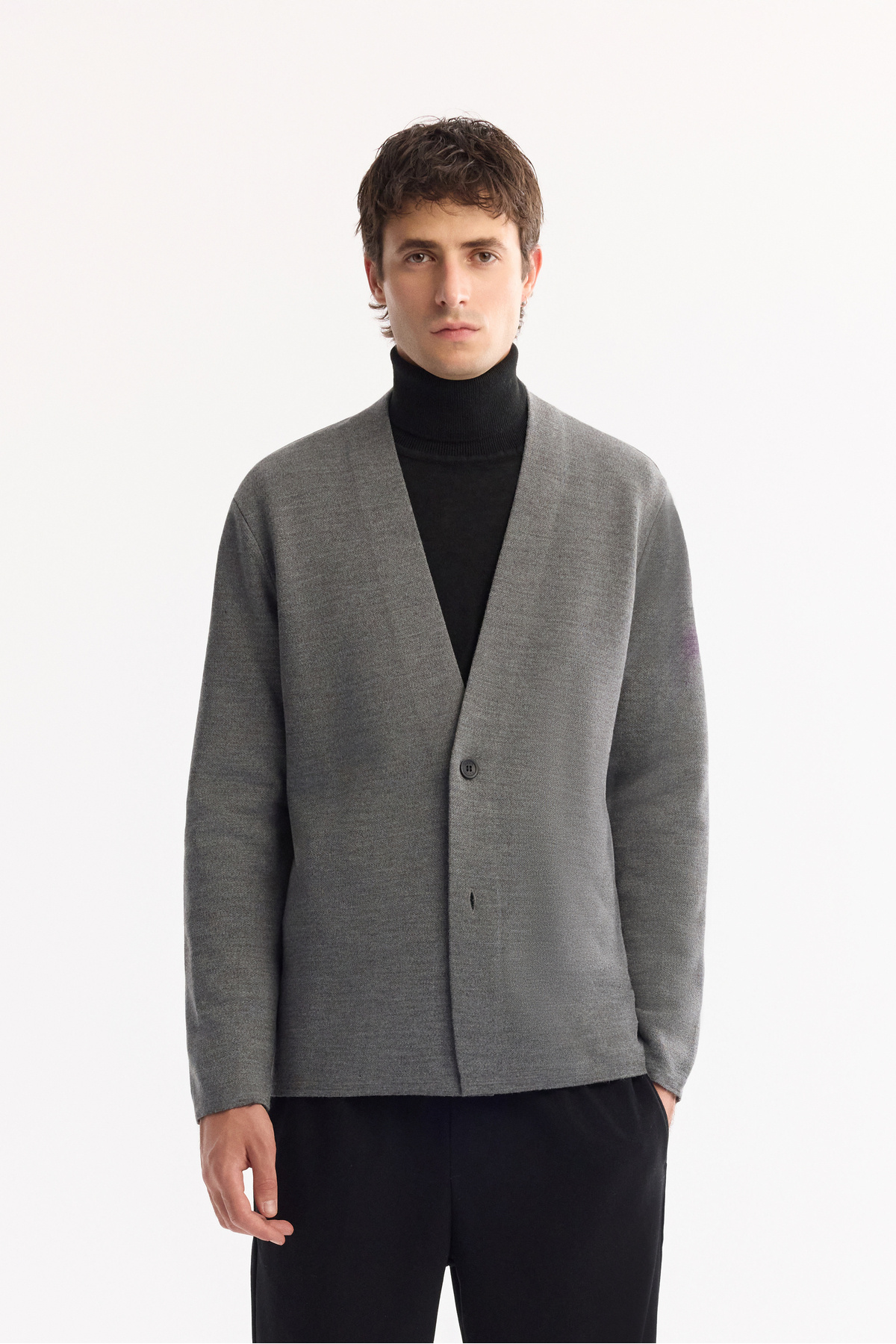 آوا ژاکت پشمی دکمه‌دار یقه شالی مردانه خاکستری مدل A52Y5049