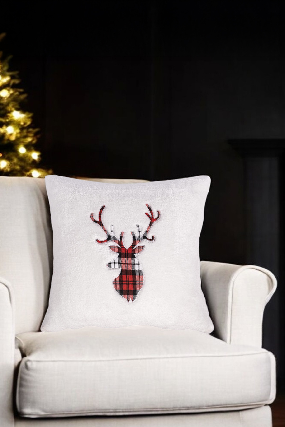 Christmas Christmas Themed Plaid Deer Embroidery Themed Puffy Fabric Decorative Pillowcase - White 45x45
