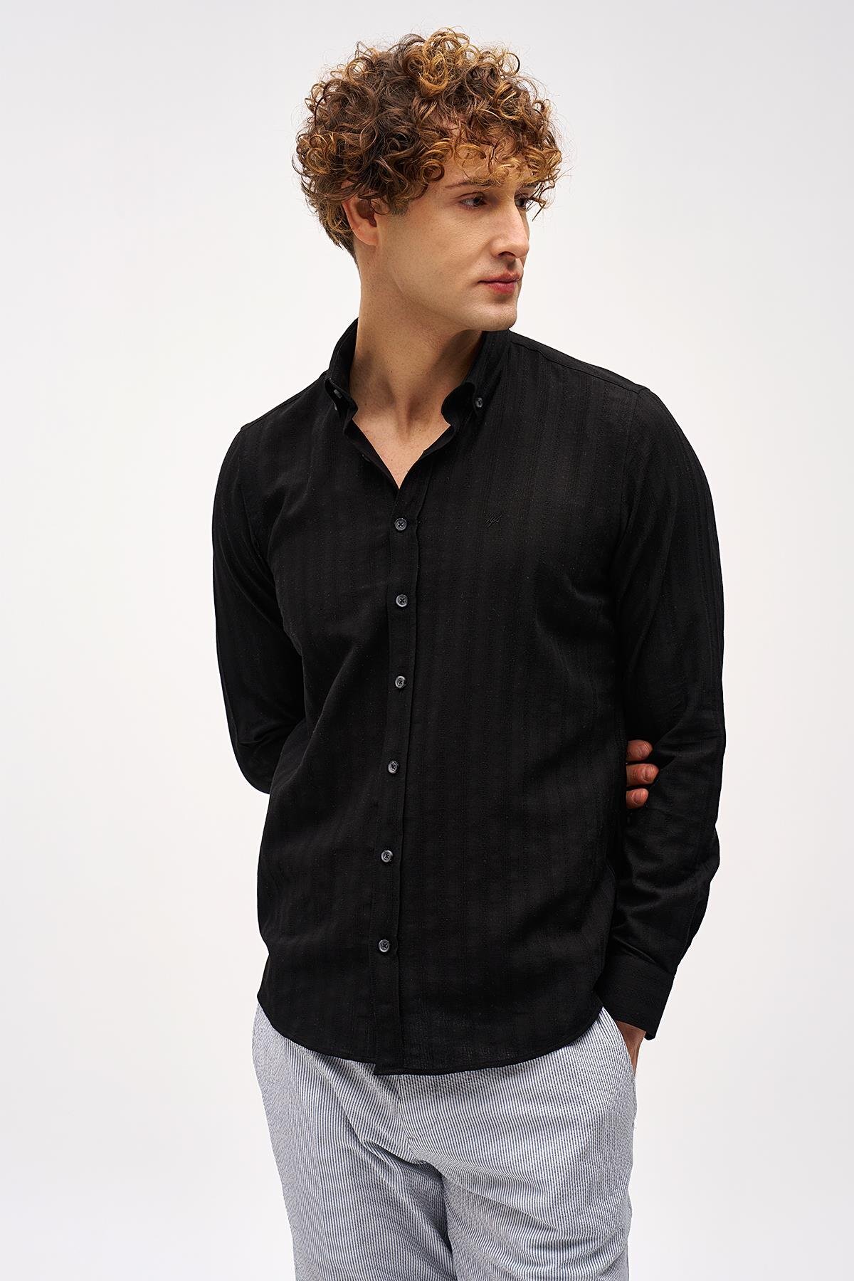Men's Black Dynamic Fit Buttoned Neckline Striped Long Sleeve 100% Cotton Shirt without Pocket