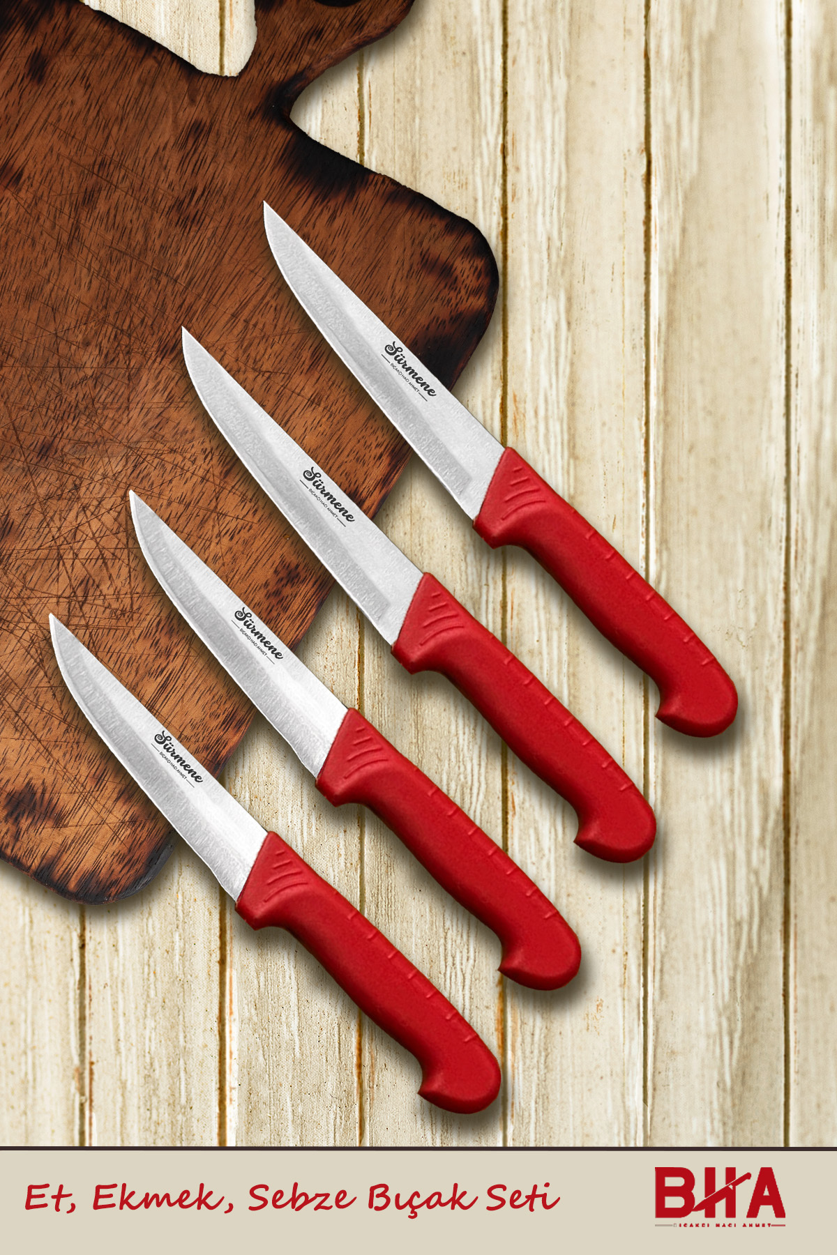 Sürmene BHA Et, Ekmek, Sebze, Meyve 4 Parça Günlük Kullanım Mutfak Bıçak Seti Plastik Sap Kırmızı