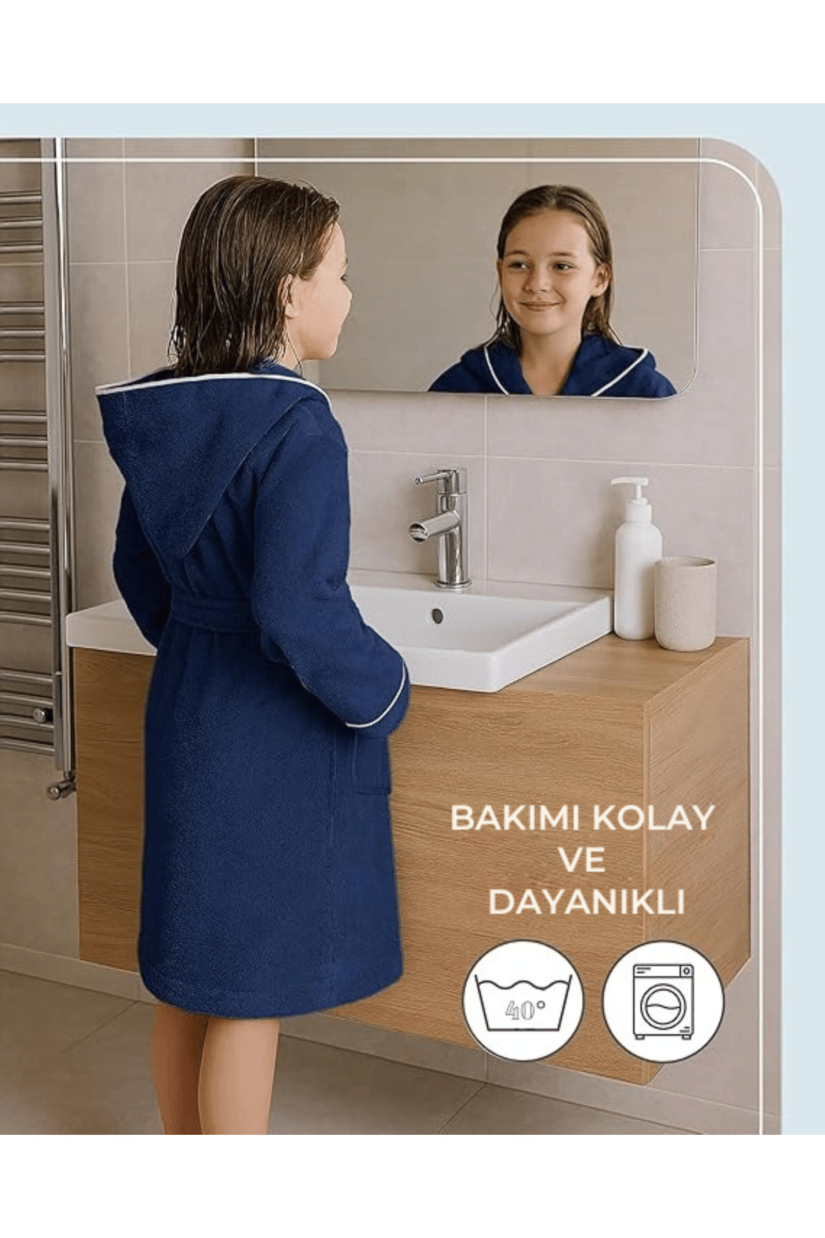 Layvera Kız-Erkek Çocuk Bornozu %100 Pamuk | Kapüşonlu – Cepli – Yumuşak – Biyeli – Lacivert fotoğrafı 4 (önizleme)