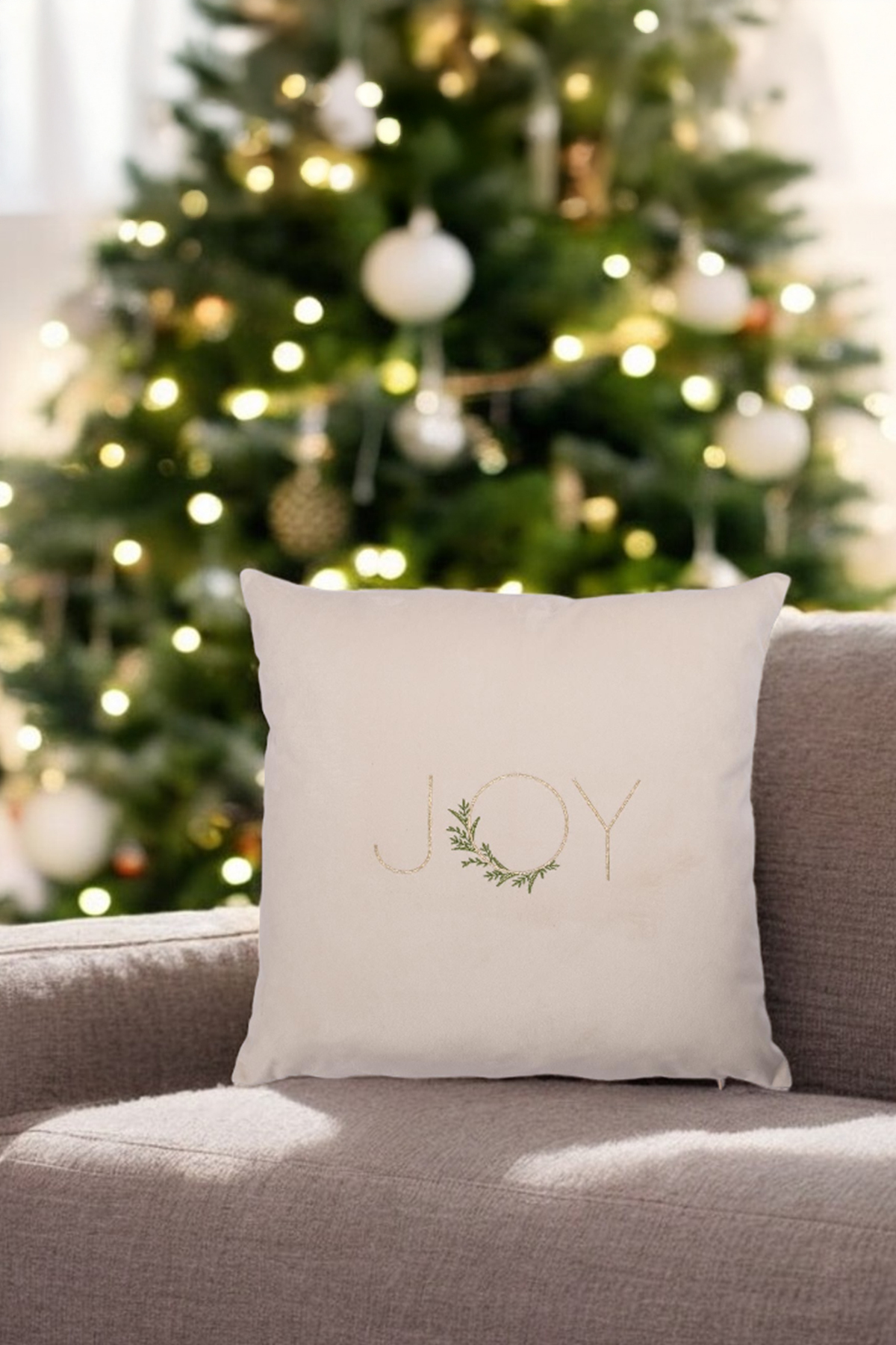 Christmas Pillowcase Beige Floor Embroidered Minimal Joy written New Year 43x43