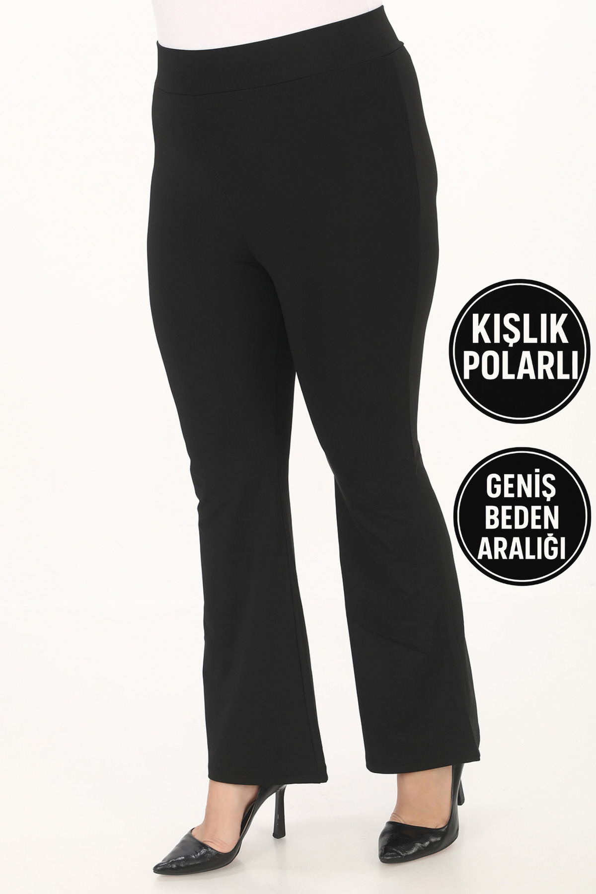 BANEGA Curve Büyük Beden Dalgıç Kumaş İspanyol Paça Kışlık Şardonlu Polarlı Toparlayıcı Siyah Tayt